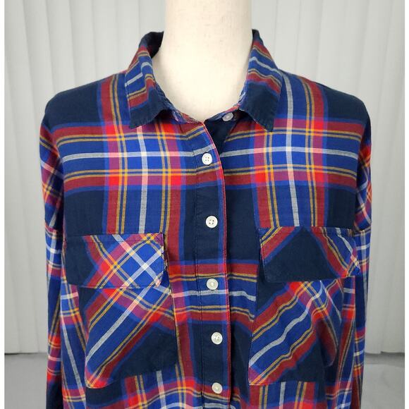 Old Navy Classic Boyfriend Henley Popover Top Shirt in Navy Tartan Size Large - Picture 4 of 10